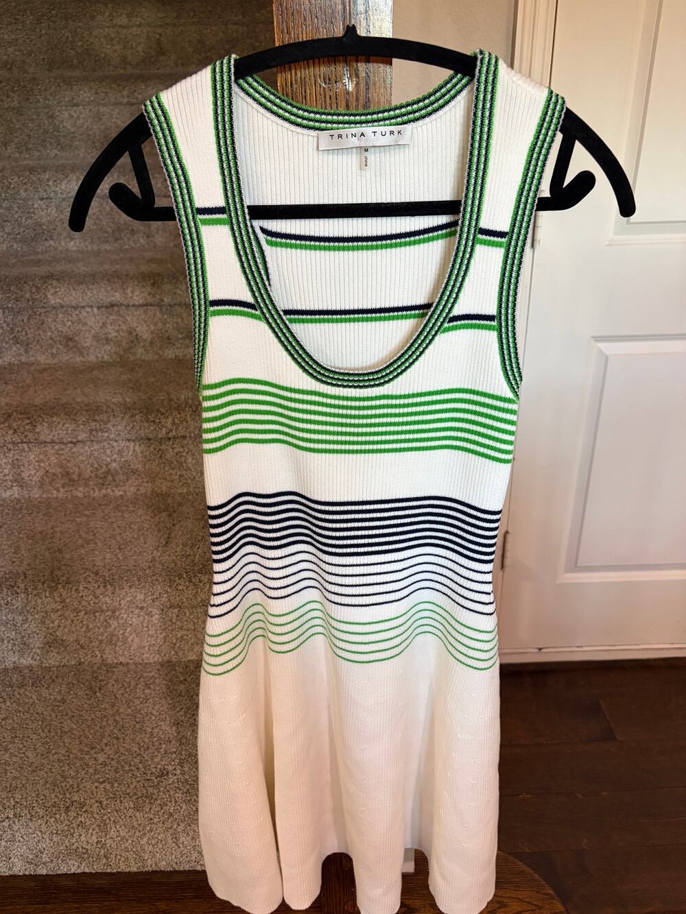 Trina Turk Veronika Striped Knit Tank Dress with distinct scoop neckline